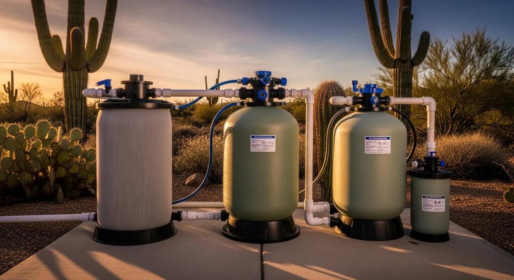 Different types of pool filters: cartridge, sand, and DE filters in an Arizona setting