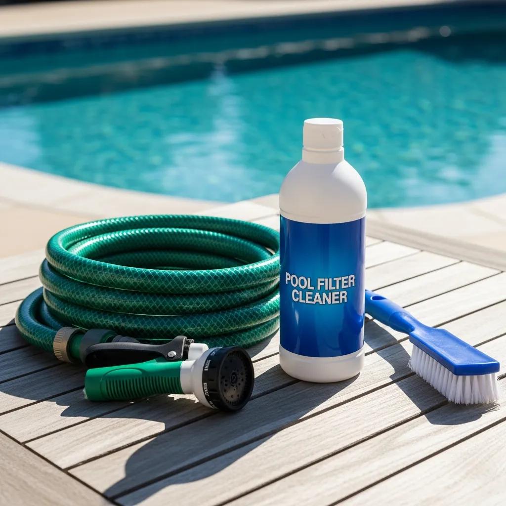 Essential tools for DIY pool filter cleaning on a poolside table