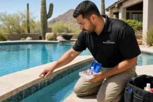 Pool technician inspecting calcium scale on Arizona pool tile while dealing with hard water in your Arizona pool