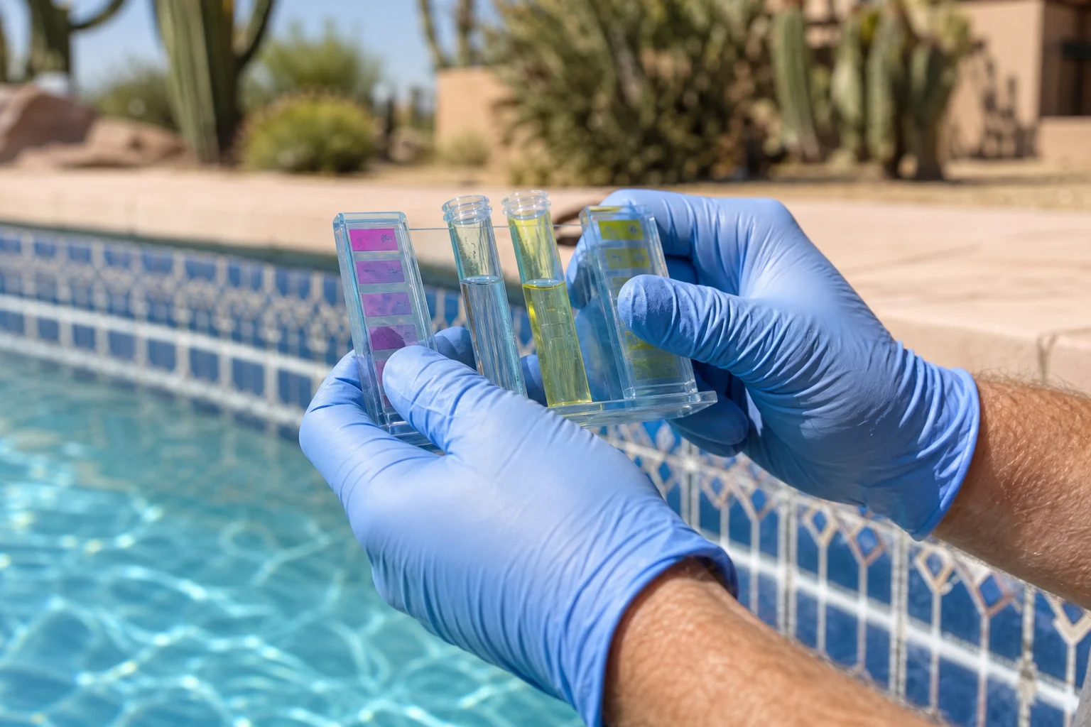 A pool technician in branded Blue Promise Pools attire testing water chemistry beside a sparkling Arizona backyard pool, holding professional water testing equipment near the tile line