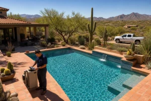 Aerial view of a cool sparkling Scottsdale swimming pool with a pool technician checking pool maintenance equipment, surrounded by desert landscaping on a scorching Arizona summer day