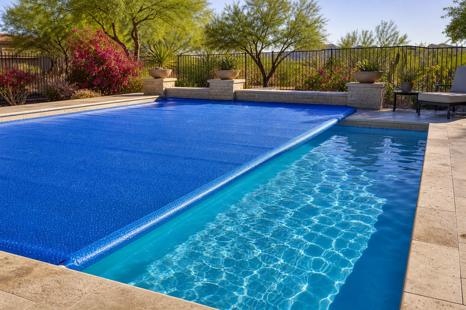 A solar bubble cover partially deployed over a sparkling Scottsdale backyard swimming pool in late afternoon sun, with desert landscaping and palo verde trees visible in the background