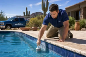 Blue Promise Pools technician performing pool tile cleaning and repair by removing calcium deposits from the waterline of a Scottsdale backyard pool