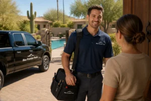 Blue Promise Pools technician arriving at a Scottsdale home to provide emergency pool repair services in Scottsdale