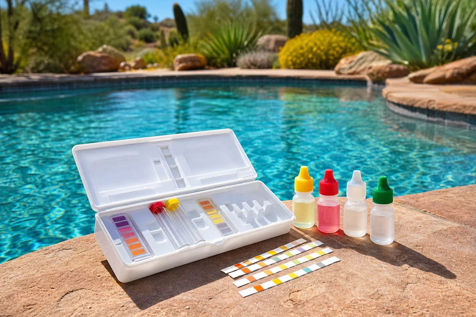 A pool technician inspecting equipment during an emergency pool service call at a sunlit Arizona backyard pool