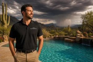 Blue Promise Pools technician in company uniform inspecting a sparkling Arizona backyard pool as monsoon storm clouds build on the horizon, showcasing professional pool maintenance during monsoon season