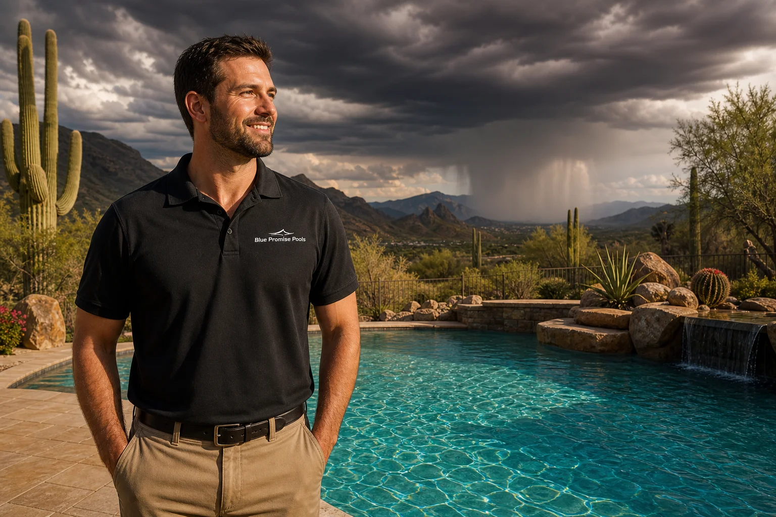 Blue Promise Pools technician in company uniform inspecting a sparkling Arizona backyard pool as monsoon storm clouds build on the horizon, showcasing professional pool maintenance during monsoon season