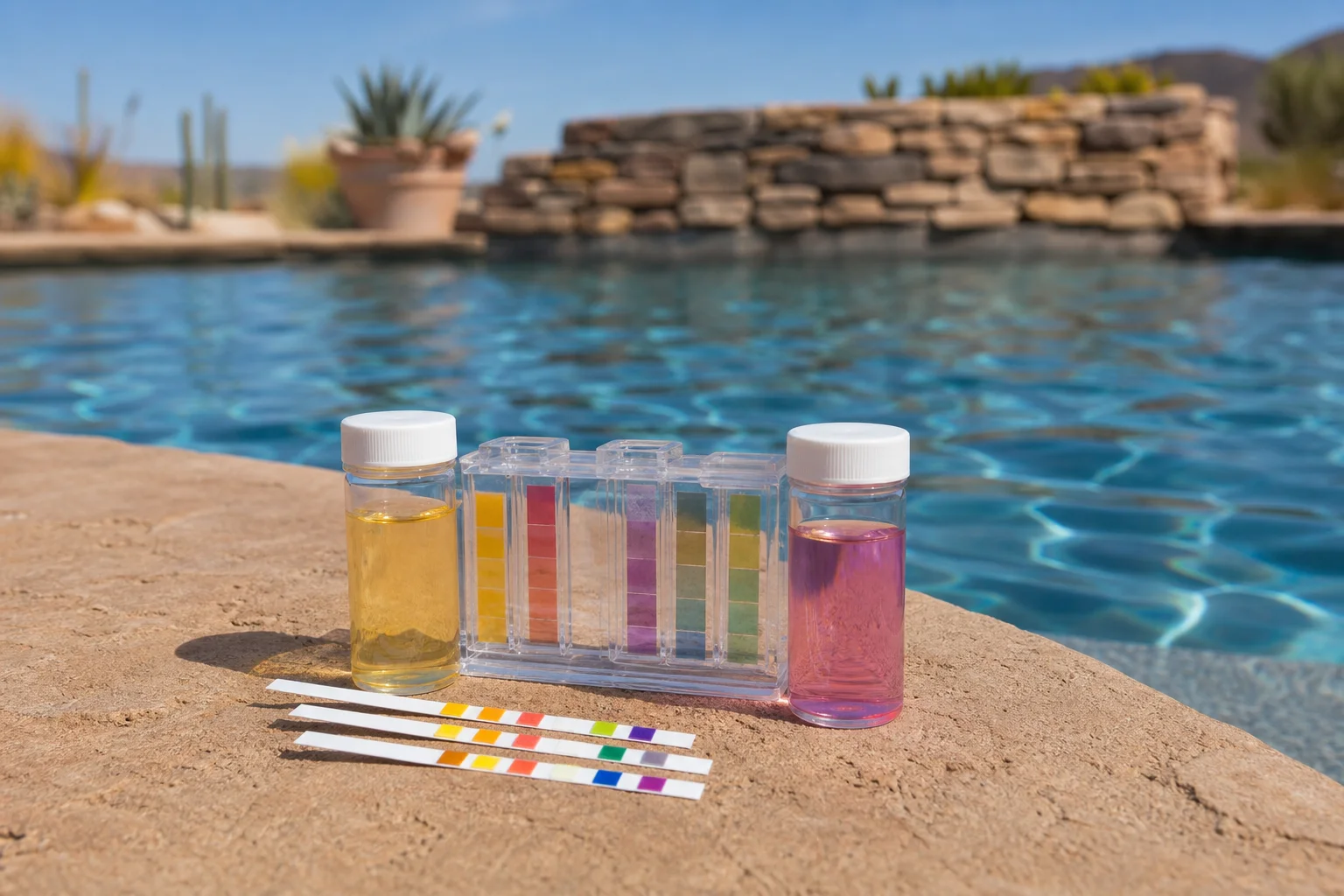 Pool technician testing water chemistry beside a sparkling Arizona backyard pool after a monsoon storm, clear blue water and desert landscaping in view