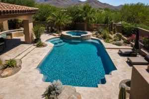 Aerial view of a Scottsdale backyard pool showing how to choose the right pool surface material for your Arizona home
