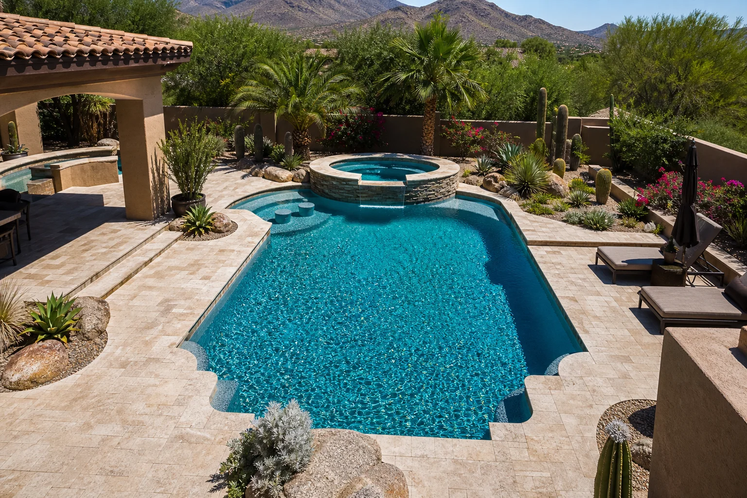 Aerial view of a Scottsdale backyard pool showing how to choose the right pool surface material for your Arizona home