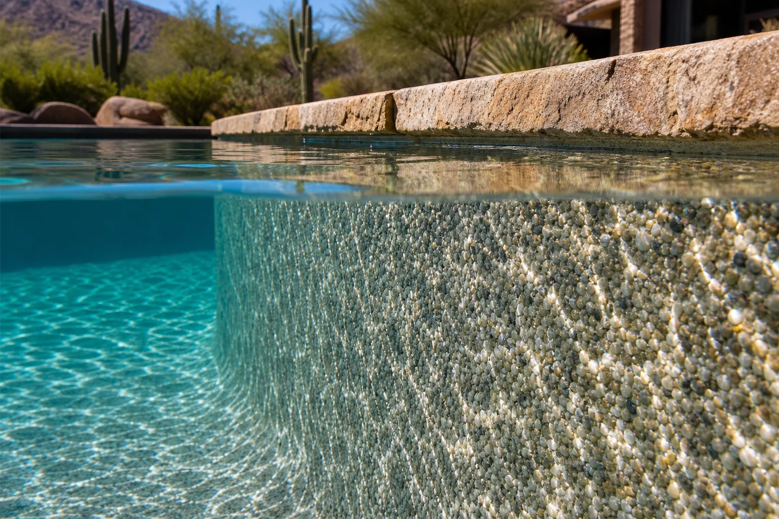 Close-up of a pebble pool finish surface with sunlight reflecting off textured water in an Arizona backyard