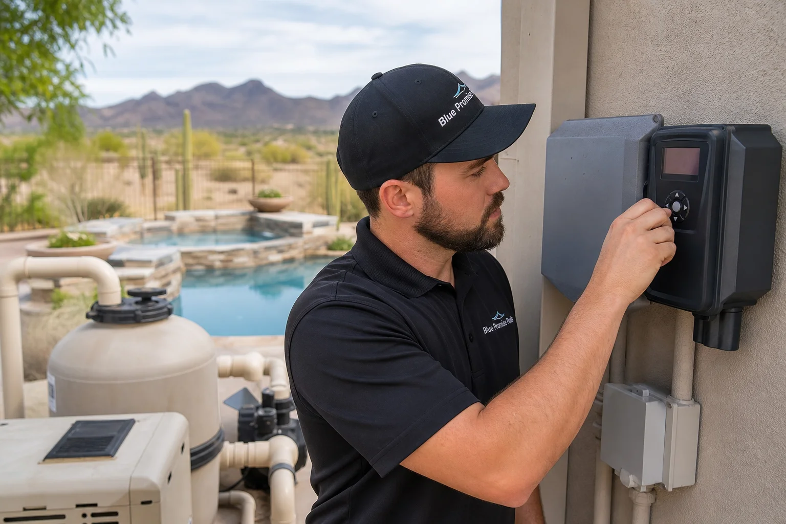 Pool technician adjusting a smart pool automation control panel beside a sparkling Scottsdale backyard pool
