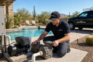 Blue Promise Pools technician comparing single-speed vs. variable-speed pool pumps at a Scottsdale backyard pool equipment pad