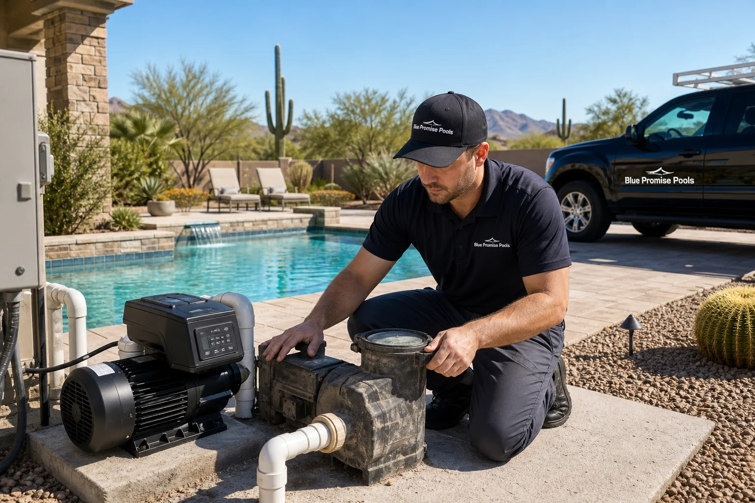 Blue Promise Pools technician comparing single-speed vs. variable-speed pool pumps at a Scottsdale backyard pool equipment pad