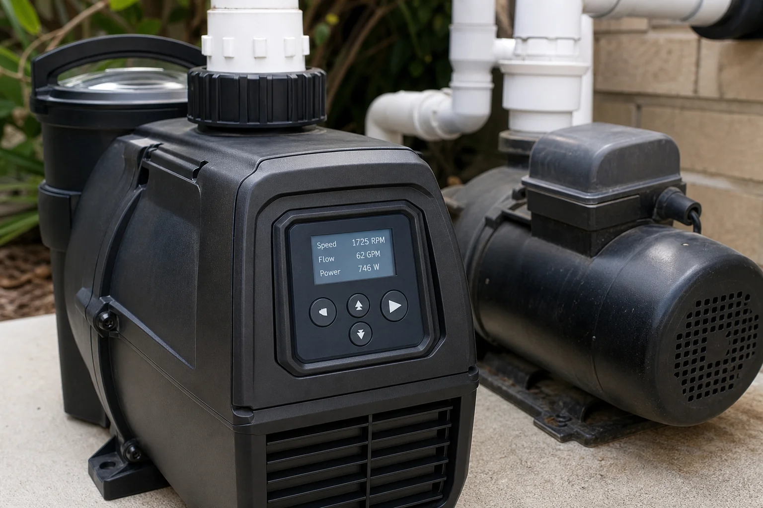 Pool technician comparing a variable speed pump control panel to a single speed pump motor beside a Scottsdale backyard pool